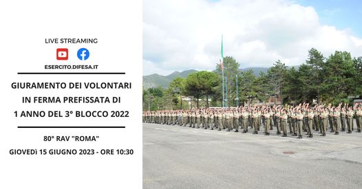 Esercito's tweet photo. Dall' 80° Reggimento Addestramento Volontari "Roma" di Cassino la diretta streaming della cerimonia di giuramento dei Volontari in Ferma Prefissata di 1 anno #VFP1 del 3° Blocco 2022. Benvenuti nella grande famiglia dell'#esercitoitaliano ai #soldati che giurano fedeltàalla Repubblica Italiana.
https://t.co/fZZcQpqpEy
#esercitodegliitaliani #alserviziodelpaese #noicisiamosempre #iosonounSoldato