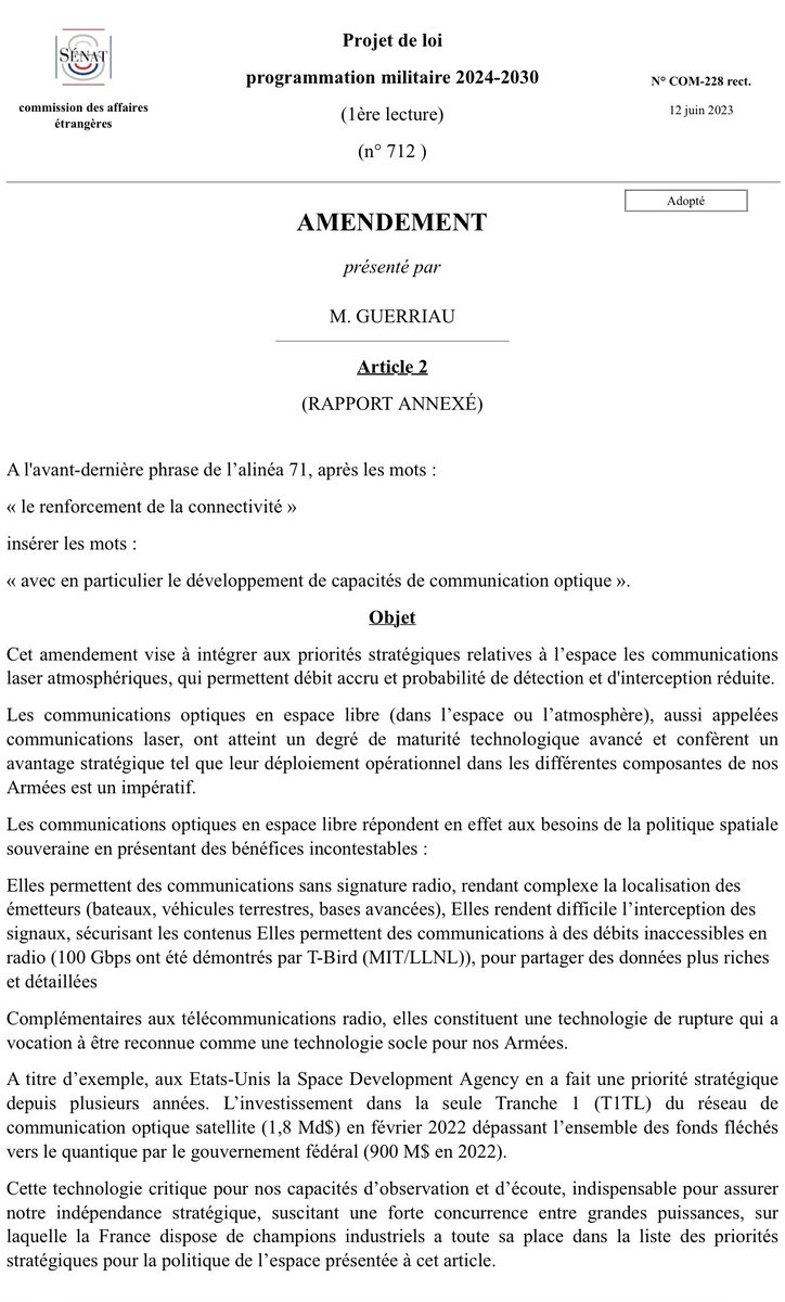 Indep_Senat's tweet photo. #LPM "Les communications laser atmosphériques répondent aux besoins de nos forces #armées"
✅ @Joel_Guerriau a fait adopter 2️⃣ amendements en #ComDefenseSenat pour inclure ces technologies dans nos priorités au sein de notre stratégie d'innovation et de celle relative à l'espace https://t.co/UEvI5hGLwd