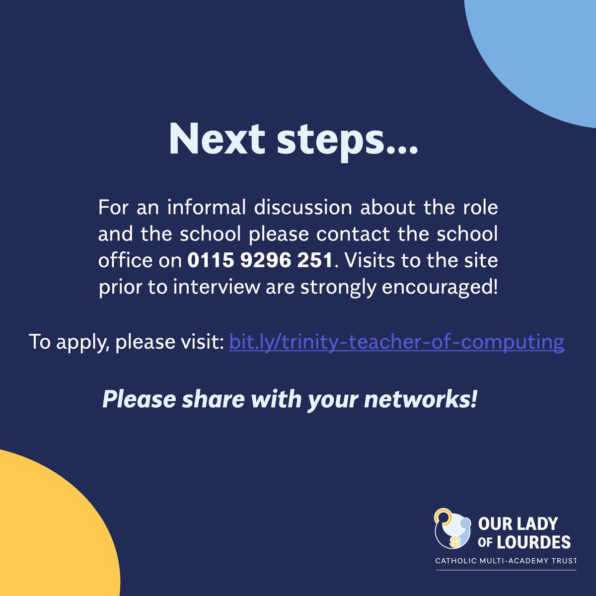 Our Lady of Lourdes Catholic Multi Academy Trust (@ololcatholicmat) on Twitter photo 🖥️ Are you passionate about teaching and instilling a love of IT and programming in keen learners? <a href="/TTCSNottingham/">The Trinity Catholic School</a> is hiring for a Teaching of Computing and IT! 🖥️
Interested? Head over to our website for more details and information on how to apply: bit.ly/trinity-teache… 🖥️ Are you passionate about teaching and instilling a love of IT and programming in keen learners? <a href="/TTCSNottingham/">The Trinity Catholic School</a> is hiring for a Teaching of Computing and IT! 🖥️
Interested? Head over to our website for more details and information on how to apply: bit.ly/trinity-teache…