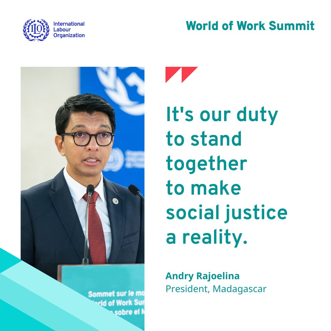 President of Madagascar, @SE_Rajoelina’s message to the World of Work Summit at #ILC2023 highlighted the need of a global coalition to achieve #SocialJusticeForAll