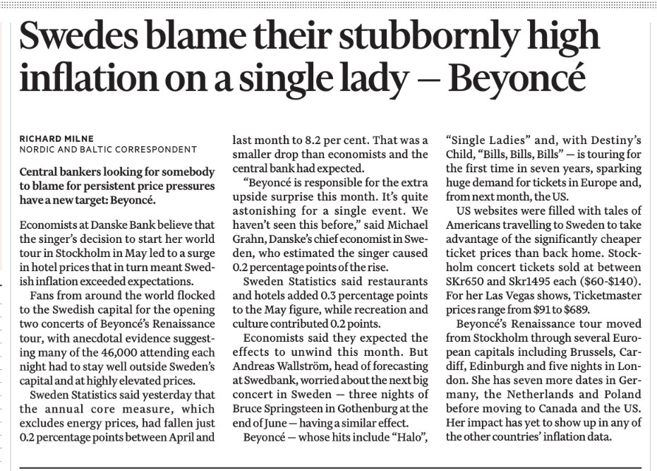 Dice en su portada el @FT que economistas suecos culpan a @Beyonce de la porfiada alta inflación. Que la cantante escogió Estocolmo para iniciar su gira en Europa, tras 7 años ausente, provocando avalancha de fans y alza de precios: Hoteles, restaurantes...