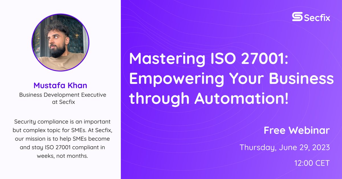💥 We're excited to invite you to our next webinar: "Mastering ISO 27001: Empowering Your Business through Automation"!
📺The webinar will be held in English on Thursday, June 29, from 12:00 - 13:00 (CET). #ISO27001 #compliance #infosec 🚀
Register here: secfix.com/webinar/empowe…