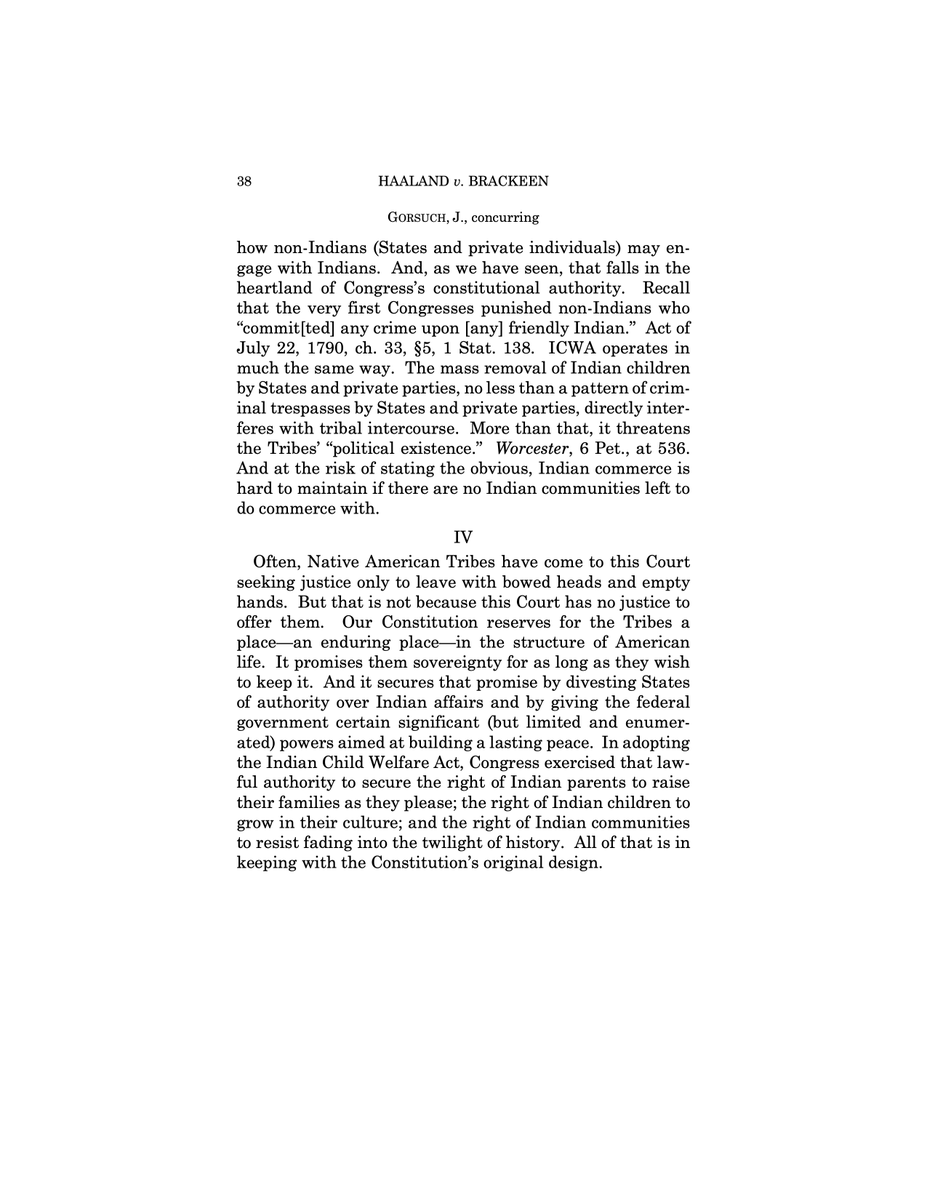 The final page -- more importantly the final paragraph -- of Justice Neil Gorsuch's concurring opinion in Indian Child Welfare Act case demands its own post. #ICWA #Brackeen #DefendICWA #ProtectICWA