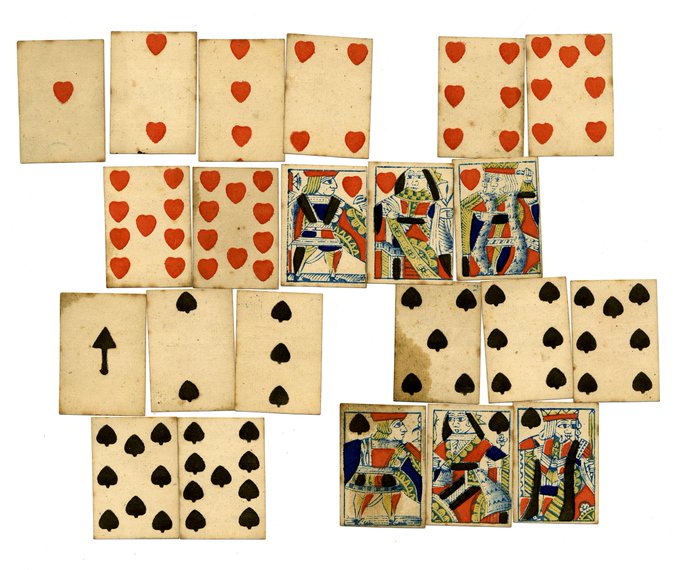 Incomplete set of playing cards, made c. 1684. BM catalogue notes: 'The cards are accompanied by an envelope inscribed in pen and ink 'These cards were used to play on the ice at Westminster when an ox was roasted in front of the Houses of Parliament''. (British Museum)