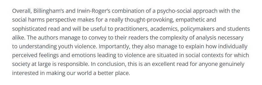 A really thoughtful and thorough (and open-access!) review of me &amp; <a href="/KeirIrwinRogers/">Keir Irwin-Rogers</a>'s book Against Youth Violence, by <a href="/UteKrenzer/">Ute Krenzer</a> &amp; <a href="/kswirak/">Katharina Swirak</a>:
 
extra.shu.ac.uk/ppp-online/boo…

"...this is an excellent read for anyone genuinely interested in making our world a better place."