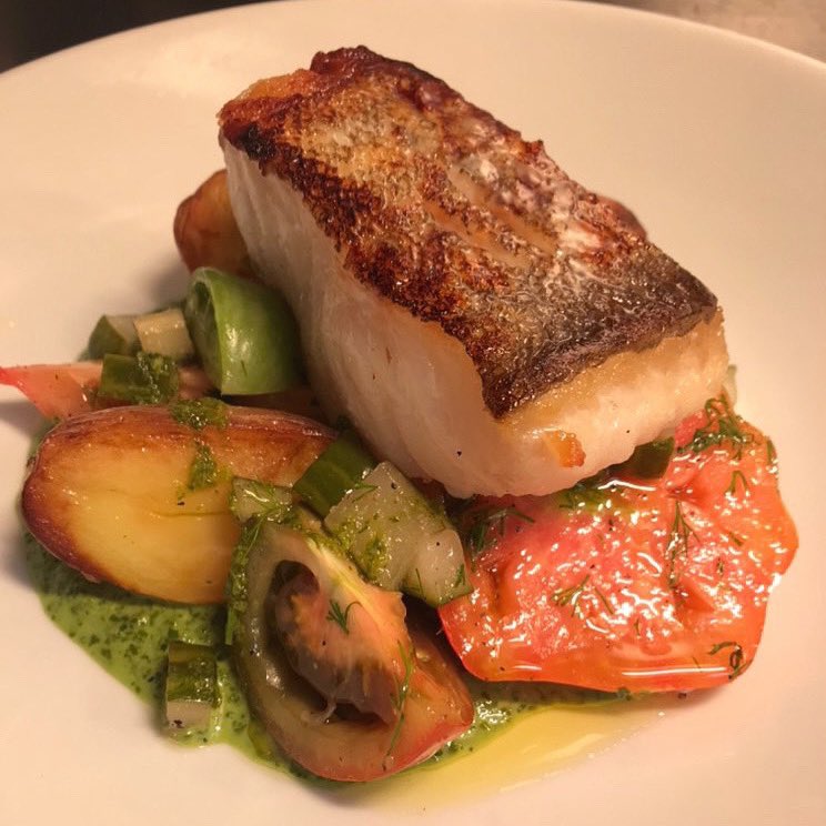 FirstCoast1's tweet image. cod, watercress sauce, pickled cucumbers, tomatoes &amp;amp; new potatoes