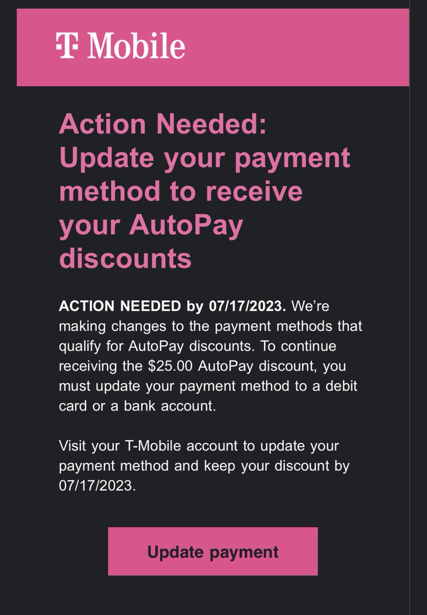 ⁦@TMobile⁩ this is awful. You are losing a customer with 6 lines today because of this. ⁦@Verizon⁩ or ⁦@ATT⁩ still giving AutoPay discounts using a credit card?