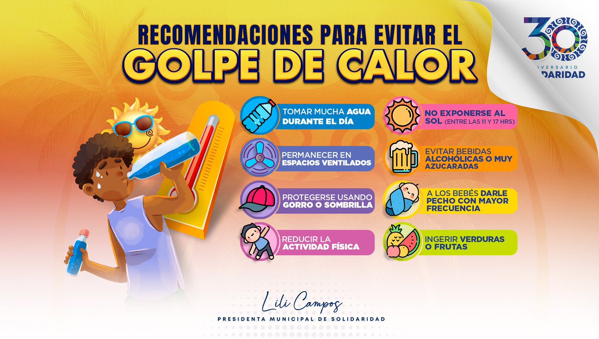LiliCamposM's tweet photo. Solidarenses ante las altas temperaturas, sigamos estas recomendaciones para evitar golpes de calor que pueden ser mortales. Cuidemos a nuestros adultos mayores, bebés y no dejemos fuera a nuestras mascotas. #RenovamosParaCrecer https://t.co/cFNLP9Y8qQ