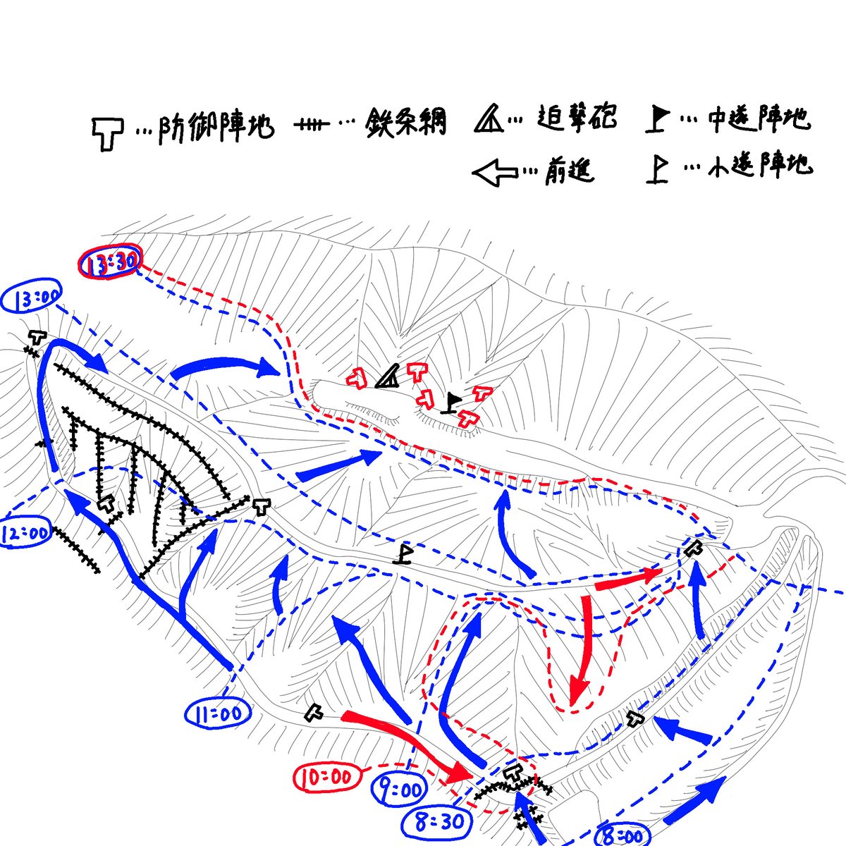 #FUBAR2022 独軍 第1分隊MG手 日誌⑩ 図1、超スピードで米英に押し込まれたのが分かる時系列MAP 図2、独最終防衛ライン配置(たぶん) 図3、独1分隊MG手視点(私) 全体を見わたせる位置をとることが出来た!さらに、相手からは茂みによりMGを確認しづらい位置となっており、この後の防衛にて有利に働く