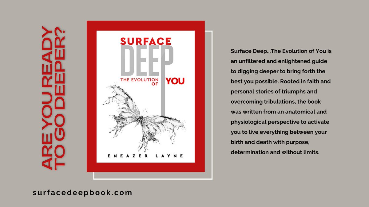 DebGaut's tweet image. "Surface Deep: The Evolution of You" by Eneazer Layne is an unfiltered guide to digging deeper to bring forth the best you possible. To hear more about Eneazer's powerful, personal story, tune into our Tiny Sparks interview at debgaut.life/defy-limits-an…