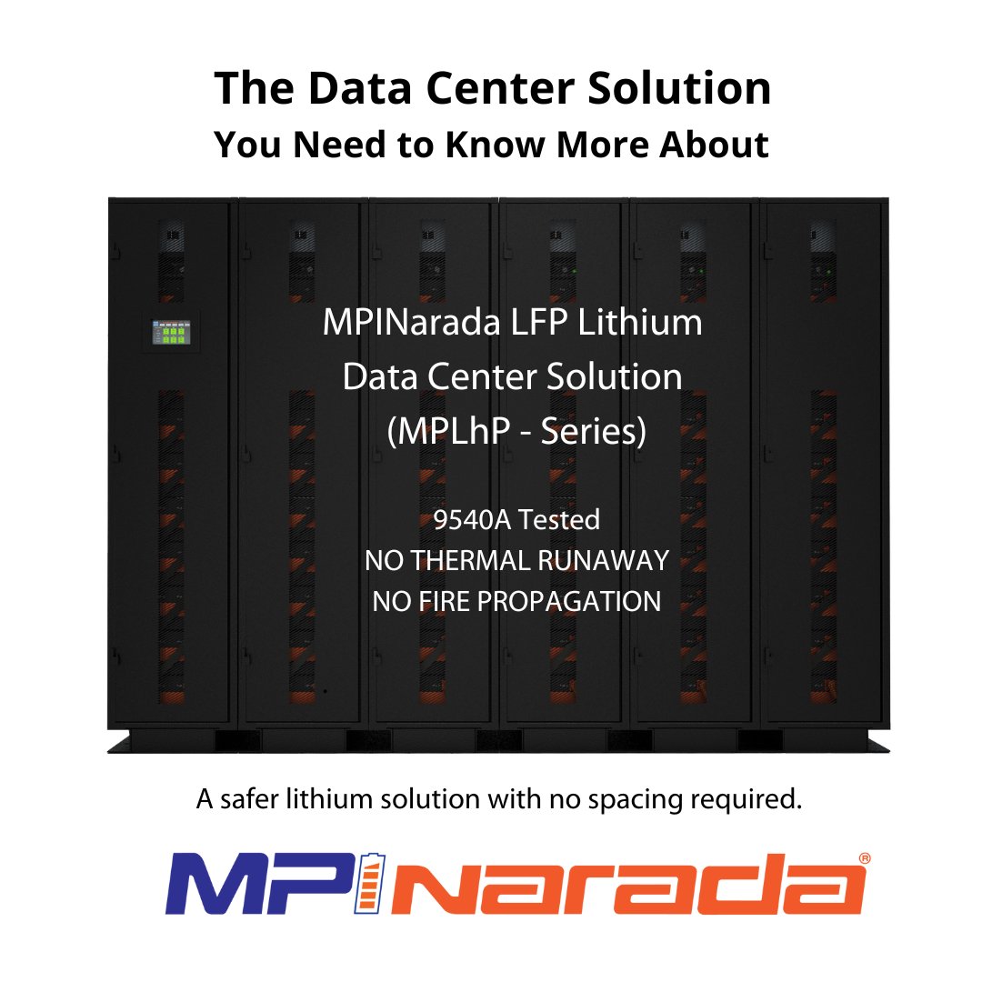 MPINarada offers #datacenters a safer #lithium solution with NO spacing required. Check out the MPINarada LFP Lithium MPLhP - Series. ✔️ 9540A Tested  ✔️ No Thermal Runaway  ✔️  No Fire Propagation
>> mpinarada.com/high-power-lit…