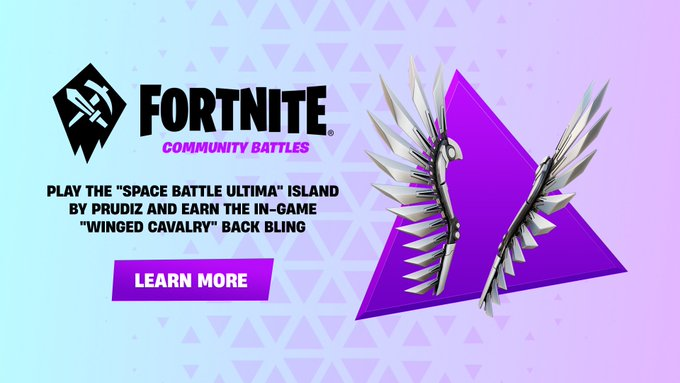 FortniteNwsHub's tweet photo. FREE Winged Cavalry Back Bling:

- Log into the Fortnite Community Battles website with your Epic account.
- Enter the Space Battle Ultima island made by creator Prudiz. (Island code: 2755-0816-9868)
- Eliminate 50 opponents on the Space Battle Ultima island cumulative across gameplay sessions. (Please note that the eliminations of Characters are not accounted for.)
- Be rewarded with the in-game Winged Cavalry Back Bling!

Note: This edition of Fortnite Community Battles will be live until June 22, 4:00 AM ET.
