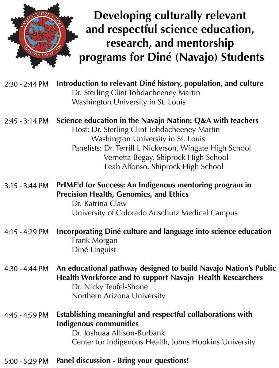 📢Evolution attendees: If you recruit, mentor, or teach Indigenous students (or would like to), attend this symposium! Developing culturally relevant and respectful science education, research, and mentorship programs for Diné (Navajo) Students @Evol_mtg @sse_evolution