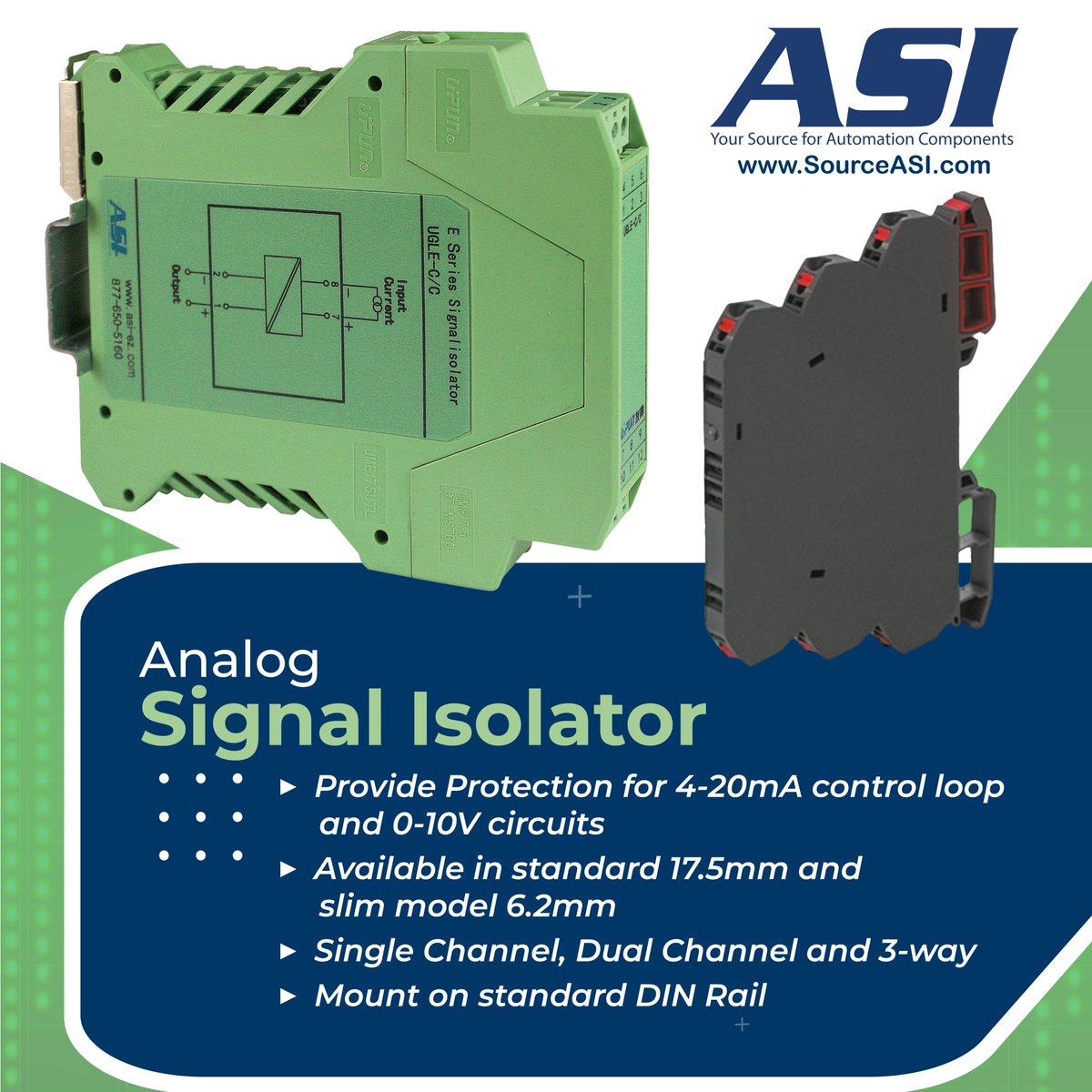 asiez's tweet image. When you need Input, Output &amp;amp; Power Circuit isolation, Analog Signal Isolators from ASI are available in several options. See our selection at SourceASI.com.
#analogsignal #signalisolators #SourceASI #circuitprotection #safety #electricalcomponents #industrialautomation
