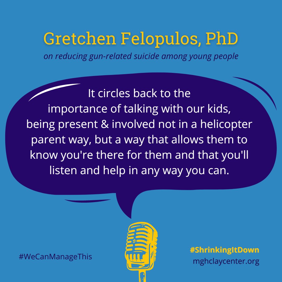 Clay Center for Young Healthy Minds (@mghclaycenter) on Twitter photo New #podcast episode dropped today!
mghclaycenter.org/multimedia/pod…
Tune in for more from Gretchen Felopulos, PhD of <a href="/MGH_GVPC/">MGH Gun Violence Prevention Center</a> <a href="/MassGeneralNews/">MassGeneral News</a> on ways to emotionally and practically respond to gun violence. #ShrinkingItDown #EndGunViolence #wecanmanagethis New #podcast episode dropped today!
mghclaycenter.org/multimedia/pod…
Tune in for more from Gretchen Felopulos, PhD of <a href="/MGH_GVPC/">MGH Gun Violence Prevention Center</a> <a href="/MassGeneralNews/">MassGeneral News</a> on ways to emotionally and practically respond to gun violence. #ShrinkingItDown #EndGunViolence #wecanmanagethis