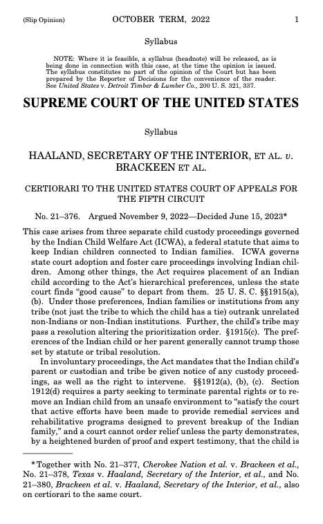 Today the #SCOTUS upheld the Indian Child Welfare Act in an opinion authored by Justice Barrett.  Much of the fight has been left for another day--in that #SCOTUS declined to reach some of the thorniest issues.  But ICWA survives.  So much to learn here.  supremecourt.gov/opinions/22pdf…