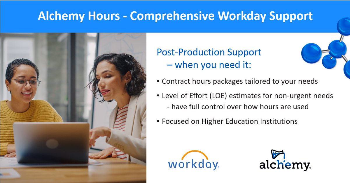 alchemy_us's tweet photo. https://t.co/zyb1bO4IRB is an industry leader in @Workday Post-Production support in higher ed. Our flexible service model gives you @Workday support – when you need it!

To learn more, contact Beth Will (beth.will@alchemy.us) or Patrick Lattanzio (patrick.lattanzio@alchemy.us). https://t.co/hjy1f7k0Of