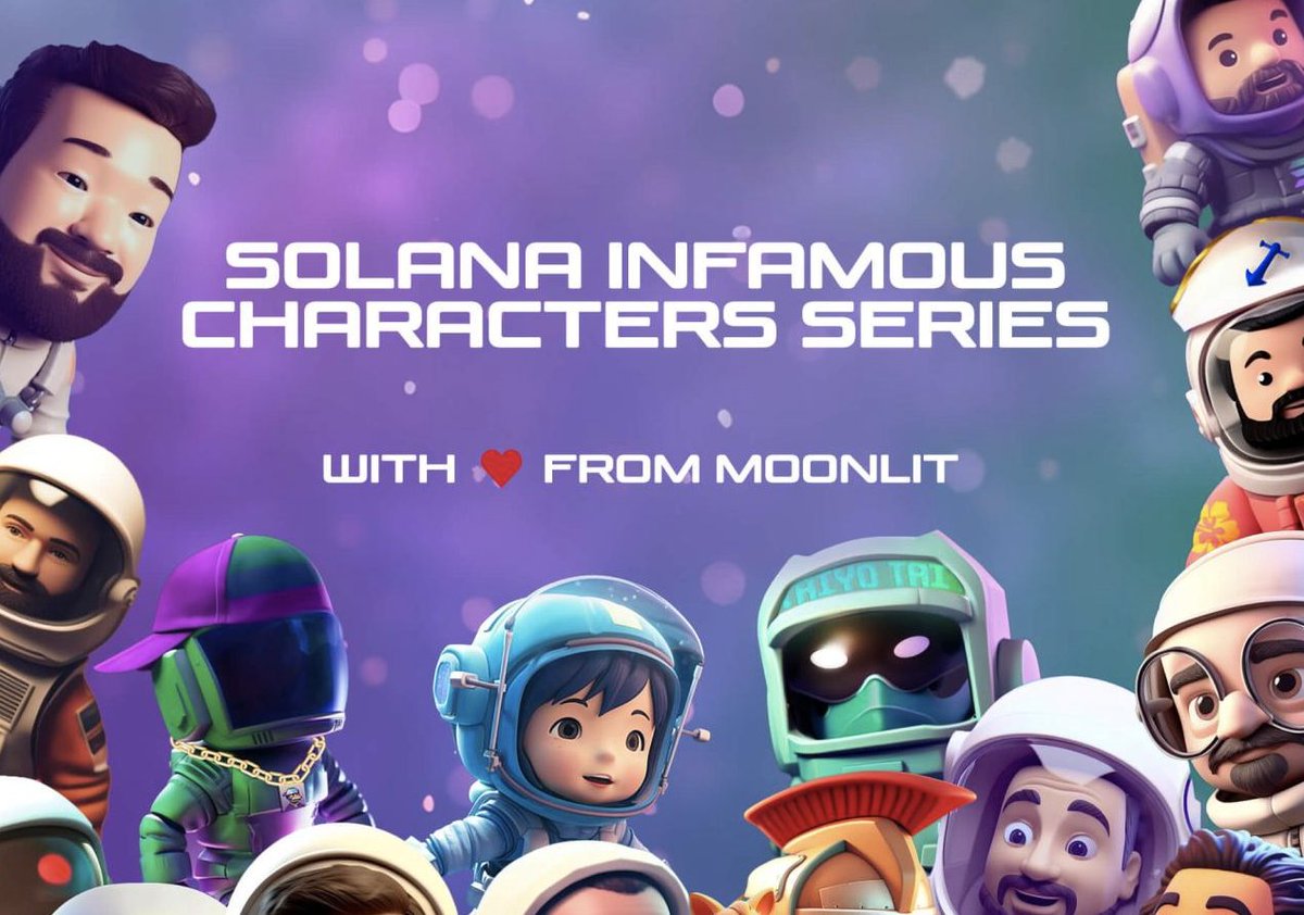 T-minus 24 hrs until we drop the Solana Infamous Characters Series via Moonlit ✨ 

For a chance to win one of these shiny new bois, make sure you:

1. Follow us and RT this tweet
2. Join our Discord discord.gg/f6AM9scWJ7

Here's a sneak peek, who can you recognise? 👀