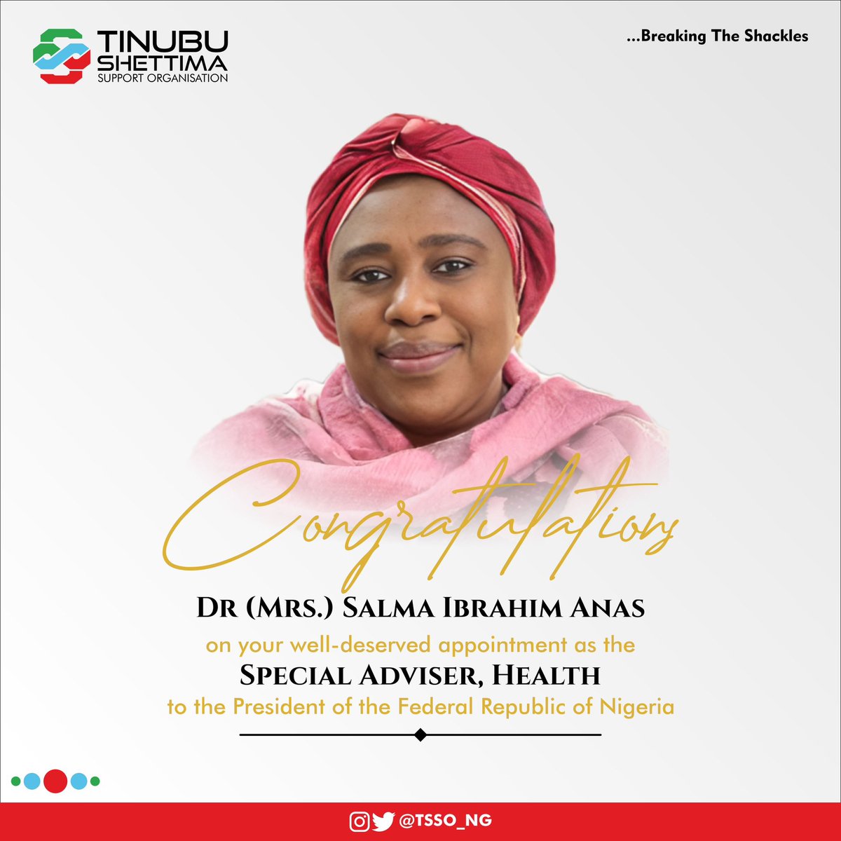TSSO_NG's tweet photo. Congratulations to Dr (Mrs) @salmaanaskolo , the newly appointed Special Adviser on Health to the President Bola Ahmed Tinubu. https://t.co/X7VjK9dMx5