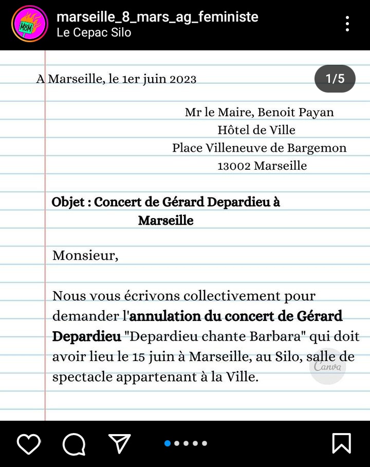 AssisesLesbMars's tweet image. Il y a une semaine nous avons signées cette lettre adressée à la Mairie pour demander l'annulation du concert "Depardieu chante Barbara" ce 15 juin au Silo