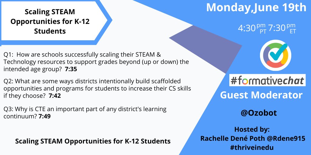 Set aside time to join us for the next #formativechat coming up on Monday night w/ guest moderator <a href="/Ozobot/">Ozobot</a> &amp; host <a href="/Rdene915/">Dr. RACHELLE DENÉ POTH |ThriveinEDU #AI #AIinEDU</a>! Let's talk about #STEAM opportunities! #crazypln #teachpos #tlap #learnlap #edtechchat #STEMEd #istelive  #coding #education