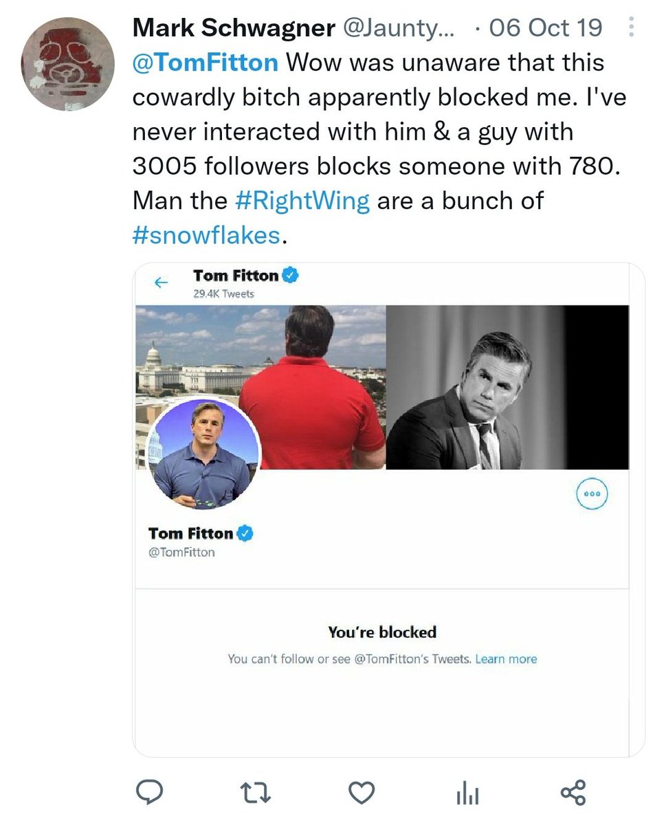 JauntyWhisper's tweet image. Saw #TomFitton was trending because the #fake lawyer gave #TrumpIsACriminal bad advice 🤣, &amp;amp; thought it was as good of time as any to #remember that he blocked me some time between '18-'19 for calling him a "roided out #MeltedKenDoll!" 😂😂😂