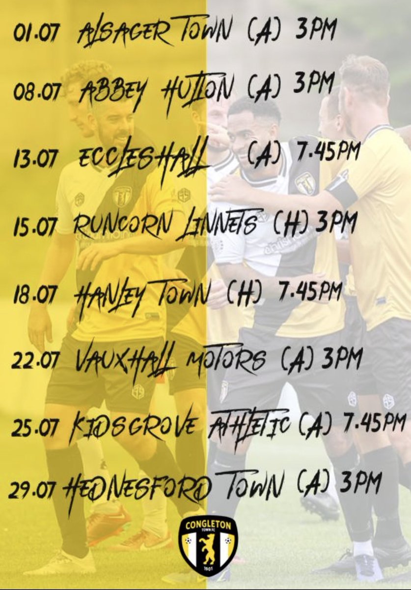 📆 Pre Season Fixtures 23/24 🐻

The bears kick off the preseason with an 3pm away fixture to <a href="/alsagertown_fc/">Alsager Town</a> 

Then as follows 

8/7 <a href="/HultonUtd/">Abbey Hulton Utd FC</a> 
13/7 <a href="/EccleshallFC/">Eccleshall FC</a>
15/7 <a href="/RuncornLinnets/">Runcorn Linnets FC</a>
18/7 <a href="/HanleyTown66/">Hanley Town FC</a> 
22/7 <a href="/Vauxhallmotorfc/">Vauxhall Motors FC</a> 
25/7 <a href="/OfficialKAFC/">Kidsgrove Athletic FC</a> 
29/7 <a href="/Hednesford_Town/">Hednesford Town FC</a>