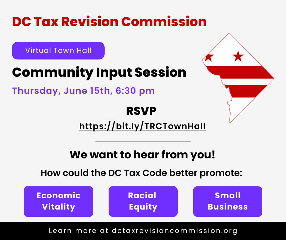 DCTaxRevision's tweet photo. Please join us TONIGHT at 6:30 pm for a virtual town hall. What do you want changed in the DC tax code? RSVP here: https://t.co/NZeoQsyTi4
@ChmnMendelson
@MayorBowser
@councilofdc https://t.co/sw54CBMvu5