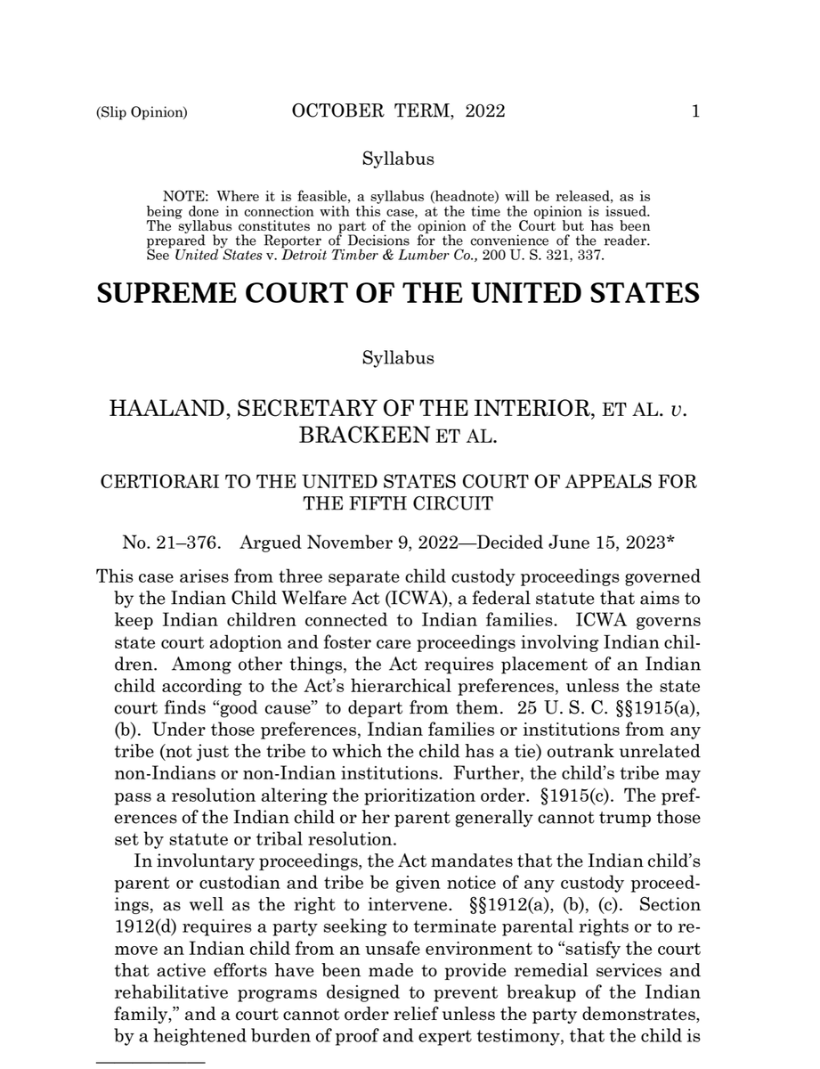 ProfMMurray's tweet photo. OMG.  ICWA lives! Barrett writing for a 7-2 majority rejects the states claims and holds that Congress has the authority to enact ICWA and ICWA doesn't violate 10A.  Doesn't address equal protection claims. Alito and Thomas dissent, obvs. 

Stunning. https://t.co/OTFSlaBTNH