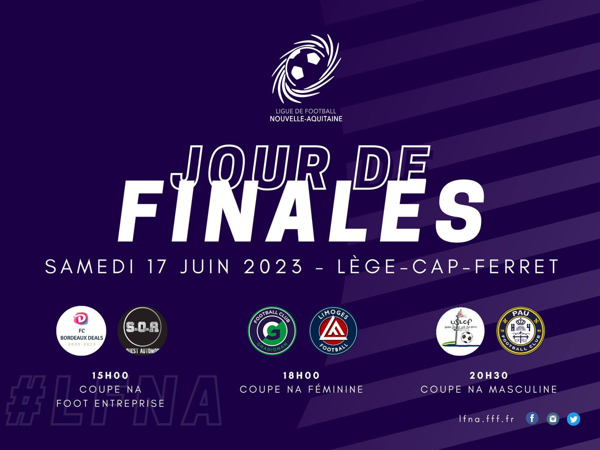 [ Jour de finales ]

1️⃣ journée, 3️⃣ finales du côté de #LegeCapFerret ce samedi ! 🏆

#BordeauxDeals 🆚 #SudOuestAuto
#FCGradignan 🆚 #LimogesFoot en direct sur #Facebook
<a href="/USLCFfootball/">USLègeCapFerretFoot</a> 🆚 <a href="/PauFootballClub/">Pau Football Club</a> B en direct sur #NATV