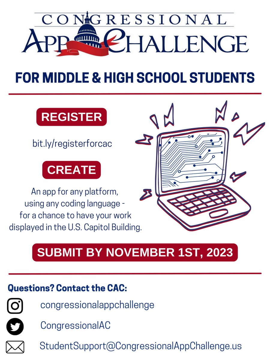 Calling all middle and high school students in #CA28 and around the country who are interested in coding!  Submit an app for the 2023 Congressional App Challenge #Congress4CS