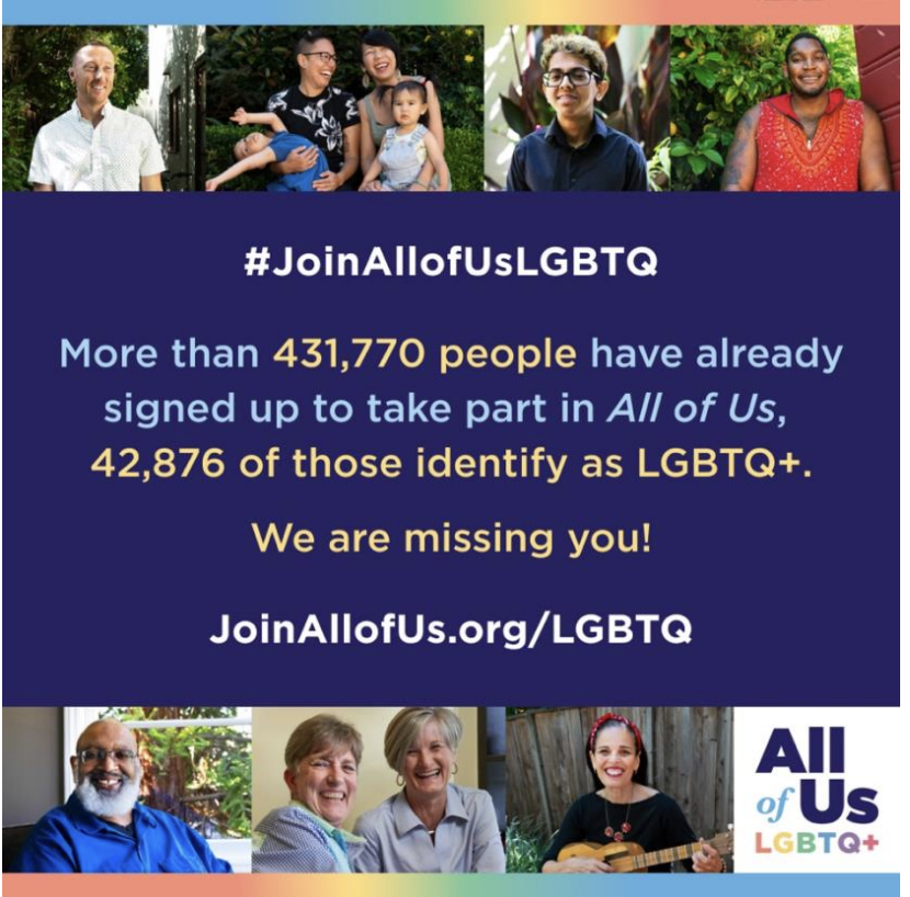 By joining the @AllofUsResearch Program, the LGBTQIA+ community can help ensure
we're included in health research. This Pride Month, help researchers understand more about the health of our community: JoinAllOfUs.org/LGBTQ #JoinAllofUsLGBTQIA #PRIDEMonth #PrideInHealth