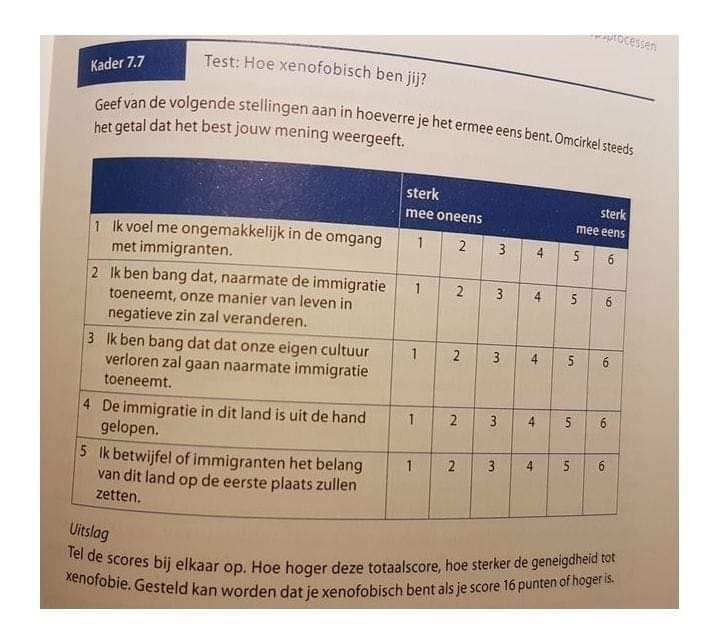 deSunShineBand's tweet photo. In het lesboek Sociale Psychologie worden leerlingen getest of ze wel politiek correct zijn en 'deugen'. Degenen die zich zorgen maken over de ongebreidelde massa-immigratie en dus 16 punten of hoger scoren krijgen het etiket 'xenofoob' opgeplakt. 'Ons' onderwijs. https://t.co/qW7jz4F4LX