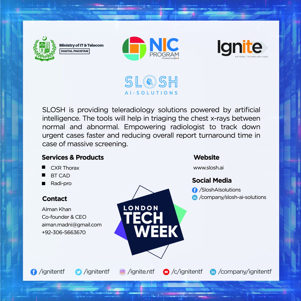 IgniteNTF's tweet image. #LondonTechWeek2023

Meet our National Incubation Center (NIC) Program startup “SLOSH” showcasing at London Tech Week 2023, from 12th -16th June, 2023 at Queen Elizabeth II Centre in London.

#LondonTechWeek #TechInnovation #LondonTechWeek #LTW #LTW2023 #innovation   #slosh