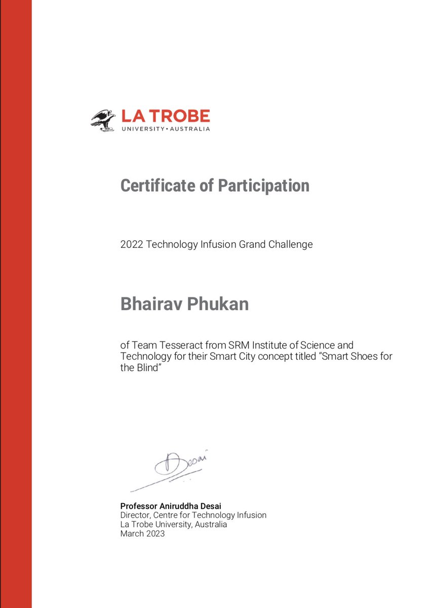 Our team, Tesseract, excelled at the Technology Infusion Grand Challenge (TIGC) 2021-22 at @latrobe , Australia. We designed a smart shoe for the visually impaired, detecting obstacles like potholes. Thanks to TIGC team for their support. #technologyforgood #innovation