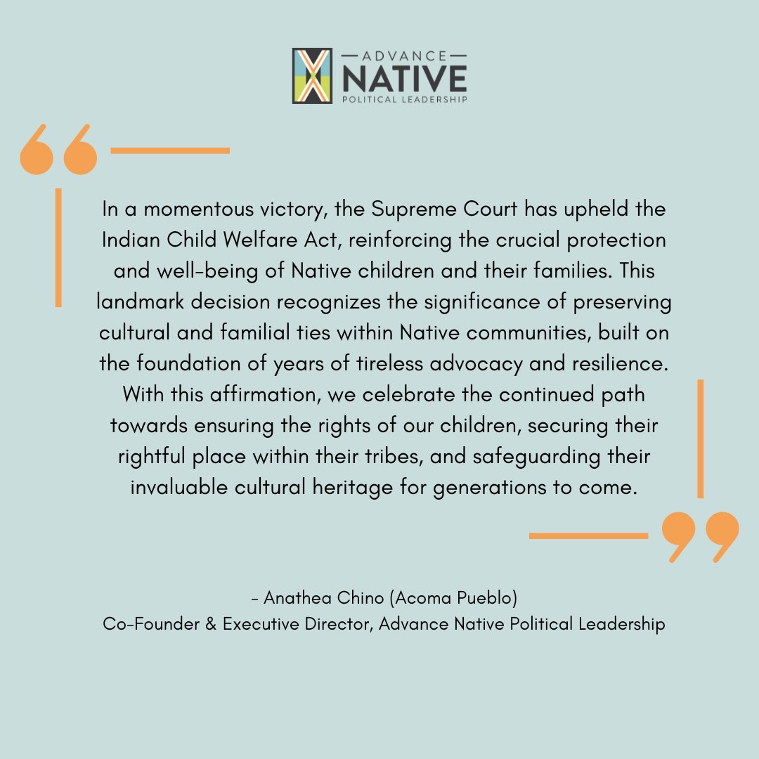 Together we're breathing a collective sigh of relief as #SCOTUS renders a historic decision, safeguarding #ICWA. This crucial ruling upholds the protection of Native children & families, preserving cultural heritage & ensuring a rightful place within their tribes.