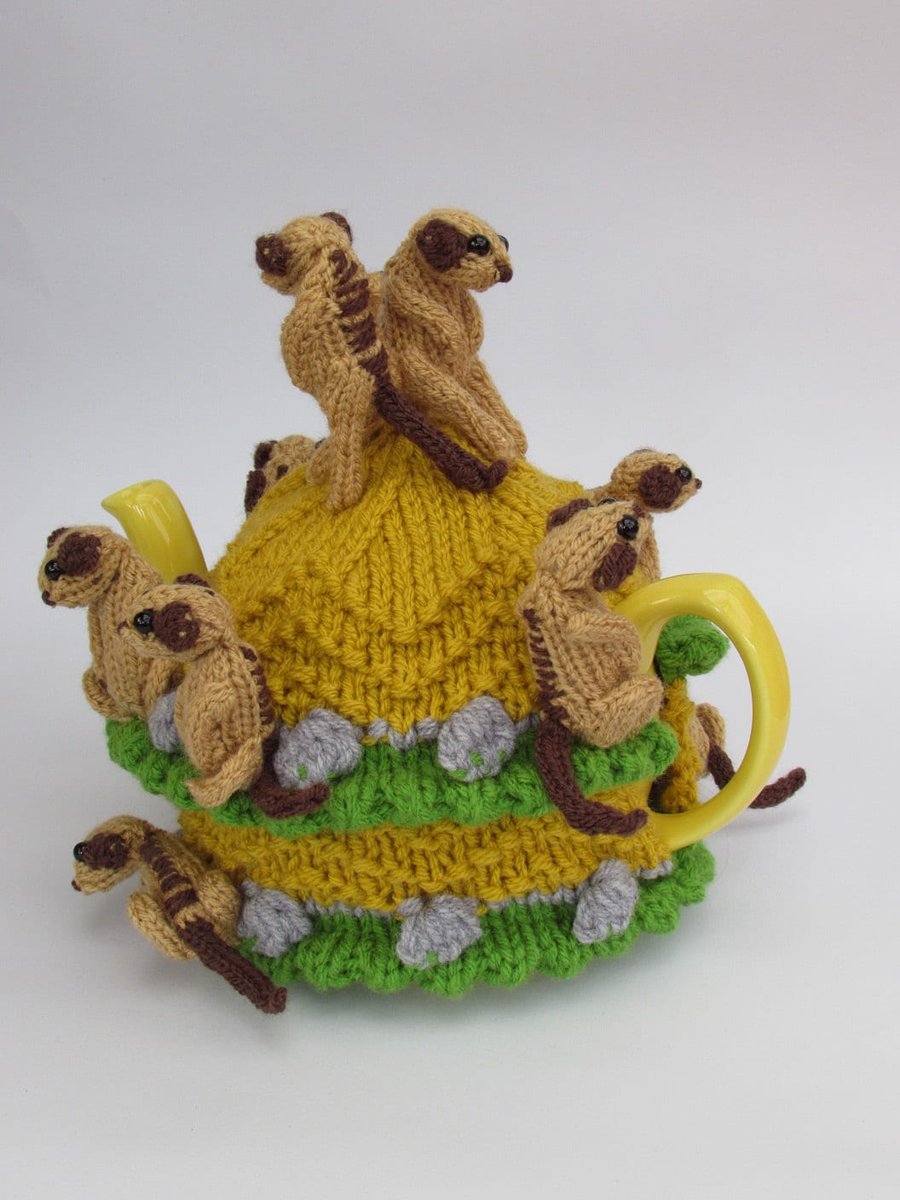 Super cute Meerkat Tea Cosy Knitting Pattern etsy.me/3Jkhq6X #knitting #meerkat #meercat #teacosy #knittingpattern #doubleknitting #wildlife #meerkatteacosy #stylecraftspecialdk #TeaCosyFolk #knit #knitter
