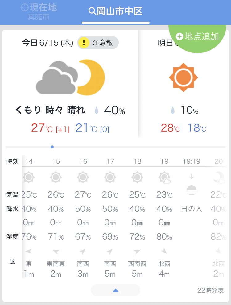どちらも夕方頃は降水確率50%だったのに、岡山県北は土砂降り、県南ではカンカン照り。
同じ晴れの国おかやまでも、中国山地と瀬戸内海ではこれほどの差が…。