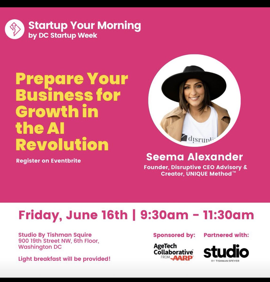 DC/MD/VA founders come join me for my talk tomorrow on 'Preparing your business for the AI revolution' as part of the Start up Your Morning series powered by @DCstartupweek! If you haven't registered, please go to:  shorturl.at/fESTX and use promo code: DCSWCommunity for a…