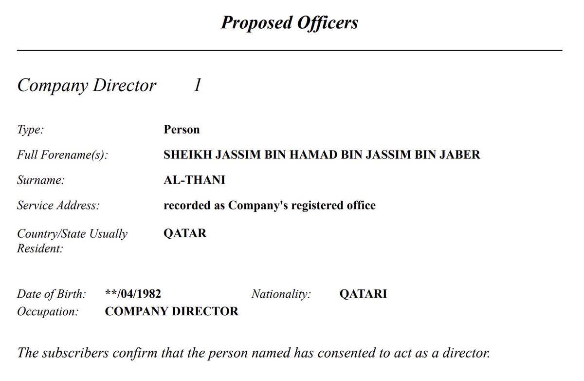 Фонд шейха Джассима официально зарегистрирован в Англии. Заявка на регистрацию была подана несколько месяцев назад.