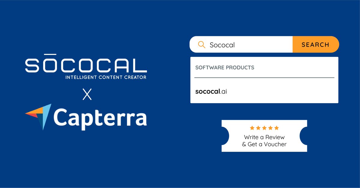sococalai's tweet photo. Sococal and #Capterra have joined hands to recognize YOU, our Sococal Heroes! Your stories and feedback help us grow and improve. Leave a #review, share your Sococal journey, and claim a $20 reward! Learn more here: https://t.co/ix4Qh404GM

#softwarereviews #capterrareviews #AI https://t.co/ROI9ilGv1g