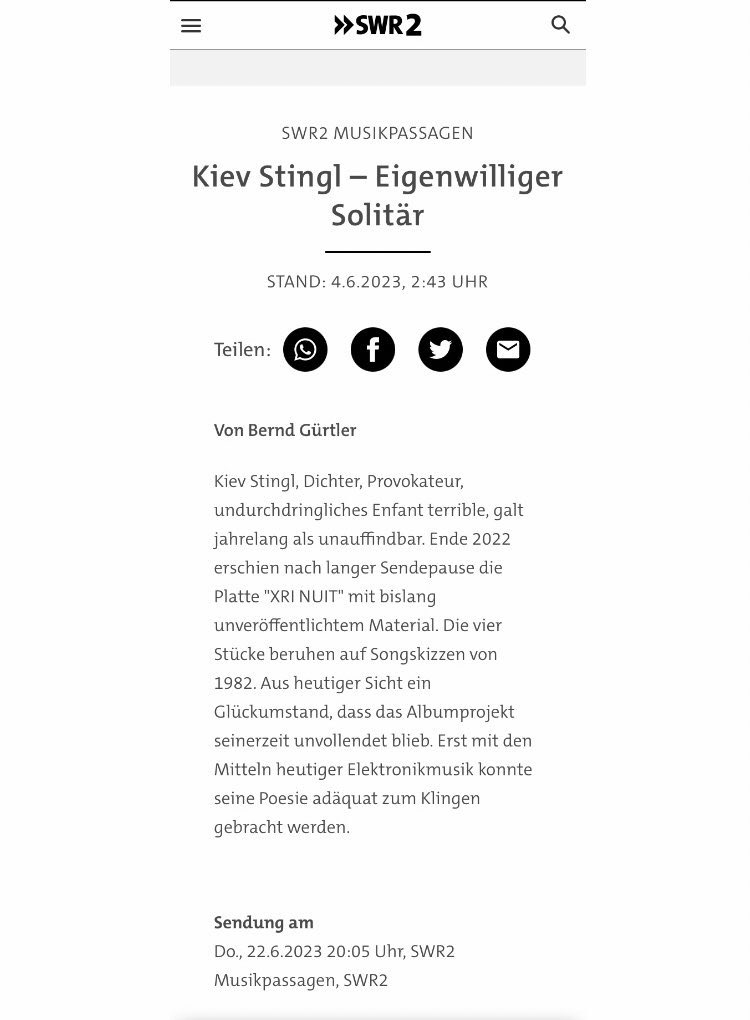 Einstündiges SWR2 Radio Feature über Kiev Stingl's 'X R I  NUIT'.
Donnerstag, 22.6.23 um 20:05.
@audiac @klangbad @stephanmathieu @dense_pr @KievStingl