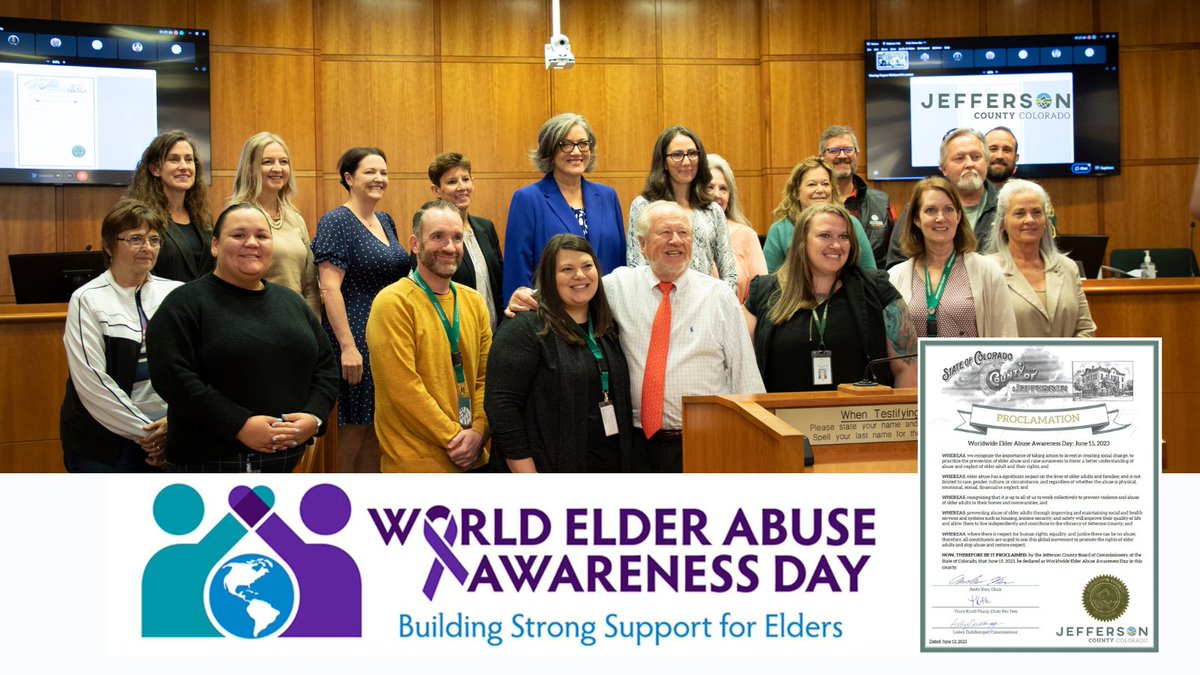Today is World Elder Abuse Awareness Day. 💜💙 DA King & members of our Elder Abuse Unit joined Jeffco Commissioners to officially proclaim June 15th #WEAAD & reaffirm our commitment to protecting the well-being, dignity, & rights of older adults in our community.