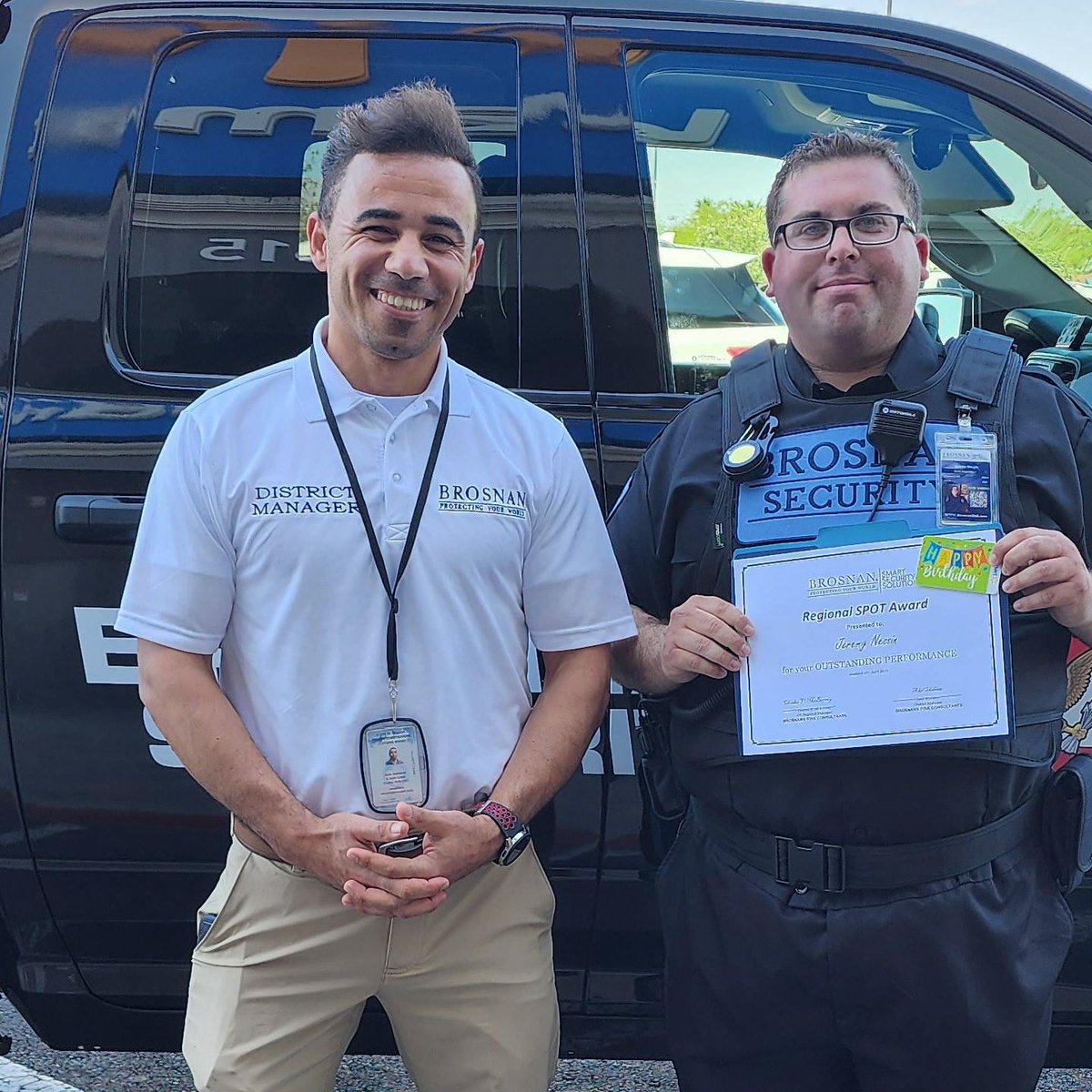 brosnansecurity's tweet photo. District Manager Adel Shaheen awarded Security Officers Jeremy Nessin and Deriko Cherry with Brosnan SPOT Awards for excellent client feedback on their work at a location in Nevada. The client praised their vigilance, punctuality, work ethic and communication.
#securityofficers https://t.co/8yCkXSCHYk