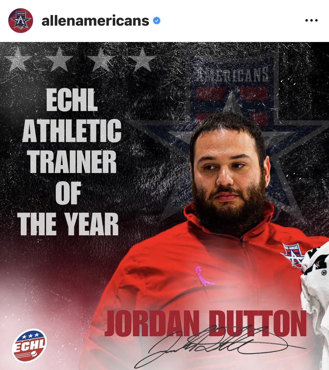 HAPPY BIRTHDAY TO MY MAN, THE MYTH, THE LEGEND - Jordan Dutton 🎉🤩🎊🤘🏼@ECHL 
Trainer of the Year!! @jdutton44 
Brought to you by @orthotexas 
Without him the @AllenAmericans 
are just another hockey team! 
#liveinthered🇺🇸 #DriveforFive