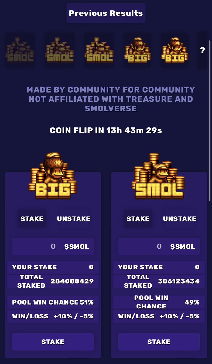 Flip #50
Big 54% chance to win
Smol 46% chance to win

💰Big wins! Anyone want to see some dragon sneaks? There are 5 types 🐲

Congratulations to the winners!
Next Flip #51 chance now:
Big 51%
Smol 49%