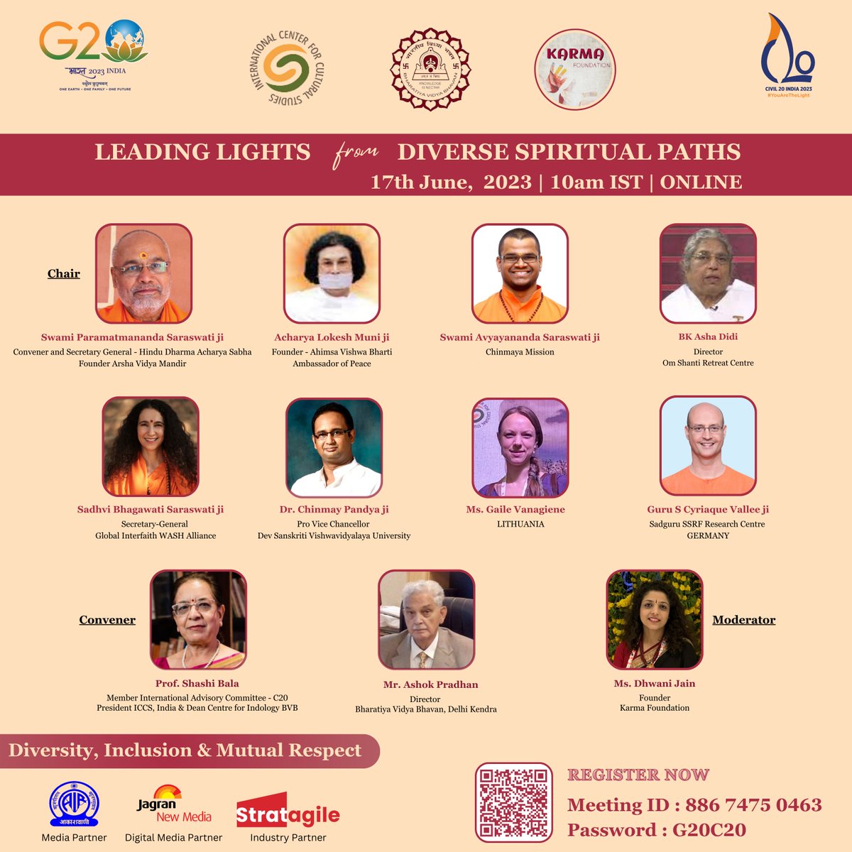 LEADING LIGHTS from DIVERSE SPIRITUAL PATHS - a #G20 #Civil20India2023 initiative to reiterate the oneness of all religions and reinforce social unity by the WG “Diversity, Inclusion & Mutual Respect” spearheaded by International Centre for Cultural Studies along with Bharatiya…