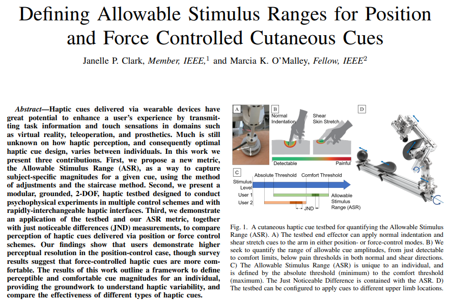 MarcieOMalley's tweet photo. Check out this paper now in IEEE ToH by Janelle Clark! Janelle explored perception of cutaneous cues applied to the arm under position and force control schemes using a novel test bed that she developed in her PhD work. @RiceNeuro @RiceMECH 

https://t.co/aLg1nE8Ipa https://t.co/r9VJqAw8Eh