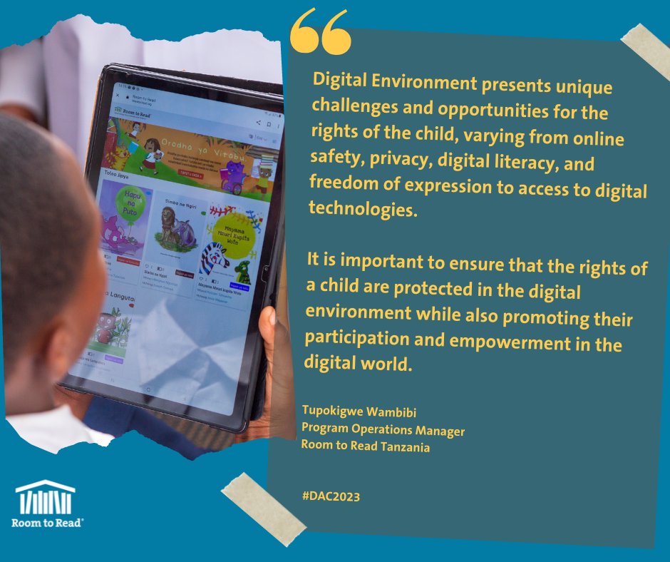 RoomtoRead_TZ's tweet photo. This year, #DAC2023 is commemorated under the theme: The Rights of the Child in the Digital Environment.

"A child acting in the online environment is not different from a child offline, and the same rights that children have offline must be protected online." ACERWC https://t.co/WFWcMtNwDT