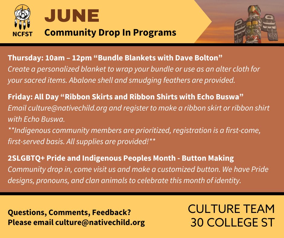 The Culture Team is excited to invite you to join their Community Cultural Programs! Check out the weekly calendar for June! 
All are welcomed!

For more information or registration, please email culture@nativechild.org. 

#NCFST
#IndigenousCulture
